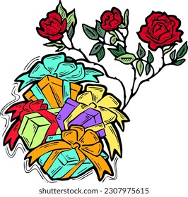 Caja de presentación con arco de cinta decorada con flores para regalo de cumpleaños, promoción de venta, tarjetas de día de San Valentín o madre, impresión de afiches. Ilustración del estilo de dibujos animados hechos a mano. Dibujo vectorial de línea.