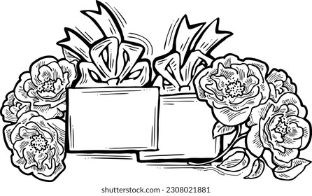 Present box with ribbon bow decorated with flowers for birthday gift, sale promotion, valentines or mothers day card, poster print. Hand drawn cartoon style illustration. Line vector drawing.