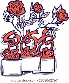 Present box with ribbon bow decorated with flowers for birthday gift, sale promotion, valentines or mothers day card, poster print. Hand drawn cartoon style illustration. Line vector drawing.