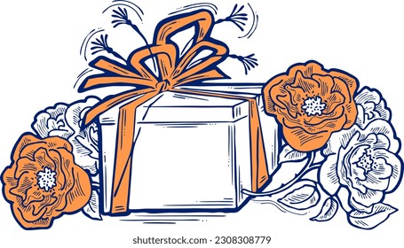 Present box with ribbon bow decorated with flowers for birthday gift, sale promotion, valentines or mothers day card, poster print. Hand drawn cartoon style illustration. Line vector drawing.