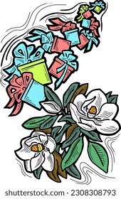 Present box with ribbon bow decorated with flowers for birthday gift, sale promotion, valentines or mothers day card, poster print. Hand drawn cartoon style illustration. Line vector drawing.