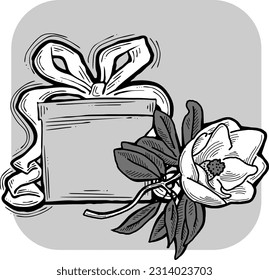 Present box with ribbon bow decorated with flowers for birthday gift, sale promotion, valentines or mothers day card, poster print. Hand drawn cartoon style illustration. Line vector drawing.