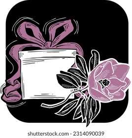 Present box with ribbon bow decorated with flowers for birthday gift, sale promotion, valentines or mothers day card, poster print. Hand drawn cartoon style illustration. Line vector drawing.