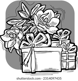 Geschenkbox mit Schleifenbogen mit Blumen zum Geburtstag Geschenk, Verkaufsförderung, Valentine oder Mütter Tageskarte, Plakatdruck. Handgezeichnete Illustration im Cartoon-Stil. Zeilenvektorzeichnung.