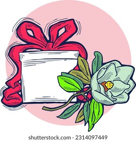 Present box with ribbon bow decorated with flowers for birthday gift, sale promotion, valentines or mothers day card, poster print. Hand drawn cartoon style illustration. Line vector drawing.
