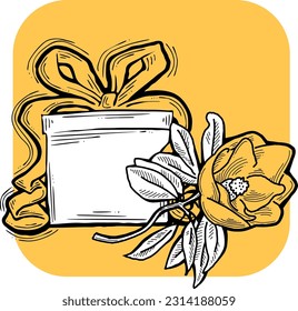 Caja de presentación con arco de cinta decorada con flores para regalo de cumpleaños, promoción de venta, tarjetas de día de San Valentín o madre, impresión de afiches. Ilustración del estilo de dibujos animados hechos a mano. Dibujo vectorial de línea.
