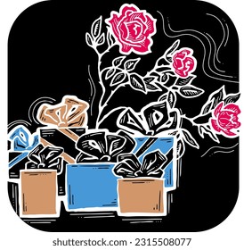 Present box with ribbon bow decorated with flowers for birthday gift, sale promotion, valentines or mothers day card, poster print. Hand drawn cartoon style illustration. Line vector drawing.
