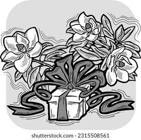 Present box with ribbon bow decorated with flowers for birthday gift, sale promotion, valentines or mothers day card, poster print. Hand drawn cartoon style illustration. Line vector drawing.