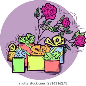 Present box with ribbon bow decorated with flowers for birthday gift, sale promotion, valentines or mothers day card, poster print. Hand drawn cartoon style illustration. Line vector drawing.
