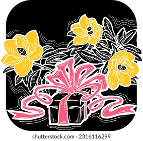 Present box with ribbon bow decorated with flowers for birthday gift, sale promotion, valentines or mothers day card, poster print. Hand drawn cartoon style illustration. Line vector drawing.