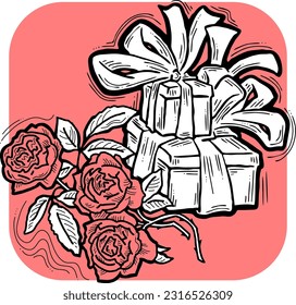 Caja de presentación con arco de cinta decorada con flores para regalo de cumpleaños, promoción de venta, tarjetas de día de San Valentín o madre, impresión de afiches. Ilustración del estilo de dibujos animados hechos a mano. Dibujo vectorial de línea.