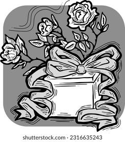 Present box with ribbon bow decorated with flowers for birthday gift, sale promotion, valentines or mothers day card, poster print. Hand drawn cartoon style illustration. Line vector drawing.
