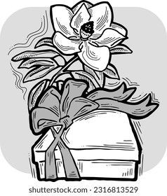 Geschenkbox mit Schleifenbogen mit Blumen zum Geburtstag Geschenk, Verkaufsförderung, Valentine oder Mütter Tageskarte, Plakatdruck. Handgezeichnete Illustration im Cartoon-Stil. Zeilenvektorzeichnung.