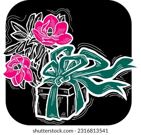 Present box with ribbon bow decorated with flowers for birthday gift, sale promotion, valentines or mothers day card, poster print. Hand drawn cartoon style illustration. Line vector drawing.