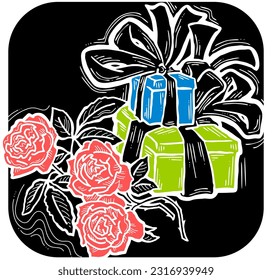 Caja de presentación con arco de cinta decorada con flores para regalo de cumpleaños, promoción de venta, tarjetas de día de San Valentín o madre, impresión de afiches. Ilustración del estilo de dibujos animados hechos a mano. Dibujo vectorial de línea.