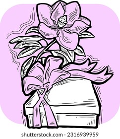 Present box with ribbon bow decorated with flowers for birthday gift, sale promotion, valentines or mothers day card, poster print. Hand drawn cartoon style illustration. Line vector drawing.