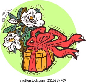 Present box with ribbon bow decorated with flowers for birthday gift, sale promotion, valentines or mothers day card, poster print. Hand drawn cartoon style illustration. Line vector drawing.