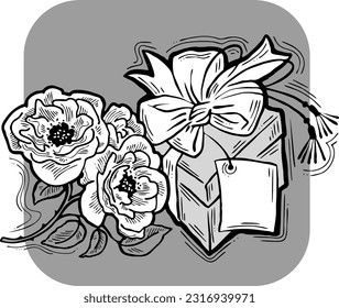 Present box with ribbon bow decorated with flowers for birthday gift, sale promotion, valentines or mothers day card, poster print. Hand drawn cartoon style illustration. Line vector drawing.
