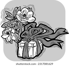 Present box with ribbon bow decorated with flowers for birthday gift, sale promotion, valentines or mothers day card, poster print. Hand drawn cartoon style illustration. Line vector drawing.