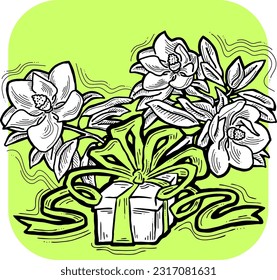 Present box with ribbon bow decorated with flowers for birthday gift, sale promotion, valentines or mothers day card, poster print. Hand drawn cartoon style illustration. Line vector drawing.