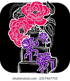 Present box with ribbon bow decorated with flowers for birthday gift, sale promotion, valentines or mothers day card, poster print. Hand drawn cartoon style illustration. Line vector drawing.