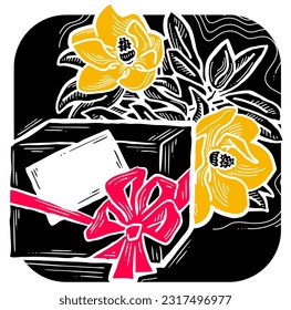 Present box with ribbon bow decorated with flowers for birthday gift, sale promotion, valentines or mothers day card, poster print. Hand drawn cartoon style illustration. Line vector drawing.