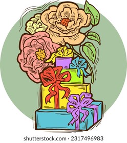 Present box with ribbon bow decorated with flowers for birthday gift, sale promotion, valentines or mothers day card, poster print. Hand drawn cartoon style illustration. Line vector drawing.