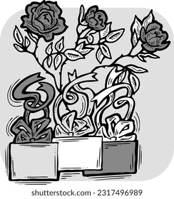 Present box with ribbon bow decorated with flowers for birthday gift, sale promotion, valentines or mothers day card, poster print. Hand drawn cartoon style illustration. Line vector drawing.