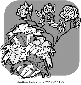 Present box with ribbon bow decorated with flowers for birthday gift, sale promotion, valentines or mothers day card, poster print. Hand drawn cartoon style illustration. Line vector drawing.