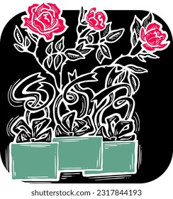 Present box with ribbon bow decorated with flowers for birthday gift, sale promotion, valentines or mothers day card, poster print. Hand drawn cartoon style illustration. Line vector drawing.