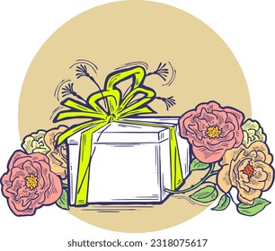 Present box with ribbon bow decorated with flowers for birthday gift, sale promotion, valentines or mothers day card, poster print. Hand drawn cartoon style illustration. Line vector drawing.