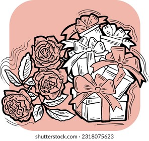 Geschenkbox mit Schleifenbogen mit Blumen zum Geburtstag Geschenk, Verkaufsförderung, Valentine oder Mütter Tageskarte, Plakatdruck. Handgezeichnete Illustration im Cartoon-Stil. Zeilenvektorzeichnung.