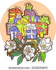 Caja de presentación con arco de cinta decorada con flores para regalo de cumpleaños, promoción de venta, tarjetas de día de San Valentín o madre, impresión de afiches. Ilustración del estilo de dibujos animados hechos a mano. Dibujo vectorial de línea.