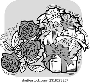 Present box with ribbon bow decorated with flowers for birthday gift, sale promotion, valentines or mothers day card, poster print. Hand drawn cartoon style illustration. Line vector drawing.