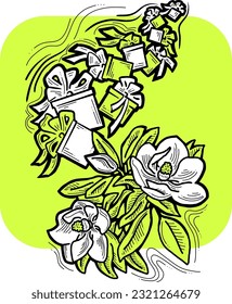 Geschenkbox mit Schleifenbogen mit Blumen zum Geburtstag Geschenk, Verkaufsförderung, Valentine oder Mütter Tageskarte, Plakatdruck. Handgezeichnete Illustration im Cartoon-Stil. Zeilenvektorzeichnung.