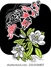 Geschenkbox mit Schleifenbogen mit Blumen zum Geburtstag Geschenk, Verkaufsförderung, Valentine oder Mütter Tageskarte, Plakatdruck. Handgezeichnete Illustration im Cartoon-Stil. Zeilenvektorzeichnung.