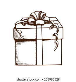 Present box with ribbon and bow. Holiday design element isolated on white