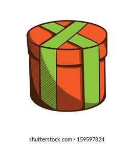 Present box with ribbon and bow. Holiday design element isolated on white