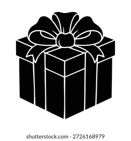 Present box with ribbon and bow tie. Simple black and white vector illustration for graphic design.