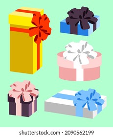 Present box with ribbon bow wrapped flat illustration