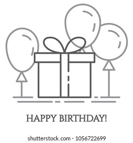 Present box with ribbon and hot air balloons around it in thin line style isolated on white background - minimalistic greeting and congratulation card for birthday or anniversary. Vector illustration.