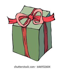 Present Box With Ribbon. Ink Vector Illustration Isolated On a White Background Doodle Cartoon Vintage Hand Drawn Sketch