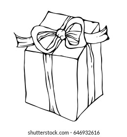 Present Box With Ribbon. Ink Vector Illustration Isolated On a White Background Doodle Cartoon Vintage Hand Drawn Sketch