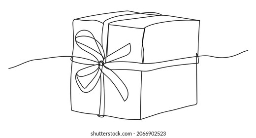 A Present, a box with ribbon. New Year gift. Christmas holiday present. Vector isolated black and white continuous line drawing. Trendy Illustration. Line art