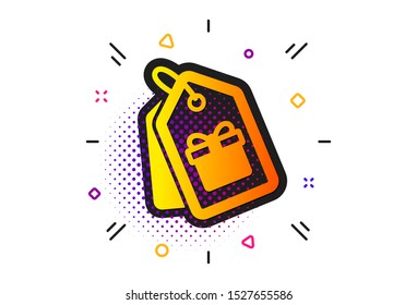 Present box or Sale sign. Halftone circles pattern. Coupons with Gifts icon. Birthday Shopping symbol. Package in Gift Wrap. Classic flat coupons icon. Vector