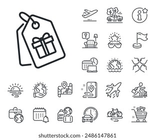 Present box or Sale sign. Plane jet, travel map and baggage claim outline icons. Coupons with Gifts line icon. Birthday Shopping symbol. Package in Gift Wrap. Coupons line sign. Vector