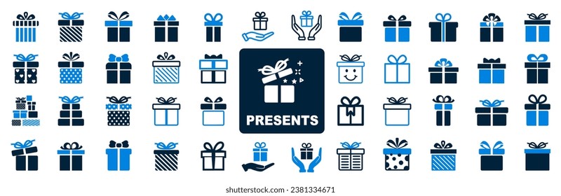 Present box set icons, collection gift signs, surprise present box isolated - stock vector