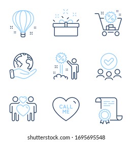 Present box, Shopping cart and Call me line icons set. Diploma certificate, save planet, group of people. Discount, Air balloon and Love couple signs. Sale offer, Discount, Love sweetheart. Vector