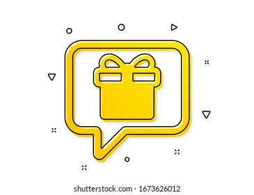 Present box sign. Dreaming of Gift icon. Birthday Shopping symbol. Package in Gift Wrap. Yellow circles pattern. Classic wish list icon. Geometric elements. Vector