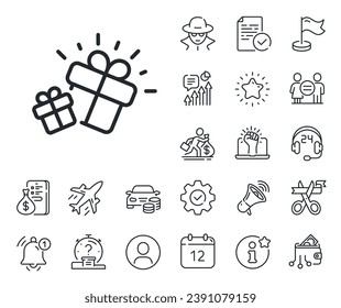 Present box sign. Salaryman, gender equality and alert bell outline icons. Gifts line icon. Brand marketing symbol. Gift line sign. Spy or profile placeholder icon. Online support, strike. Vector